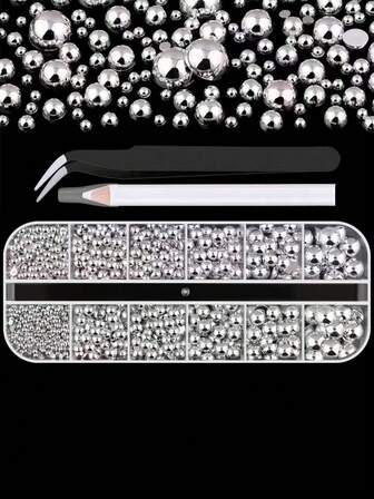 Silvernagelamulett och ädelstenar, halvcirkelformad platt pärlnagelamulett, pärlnagelstrasset med silverpärlor, för gör-det-själv-nagelkonst, ansiktsmakeup och hantverk