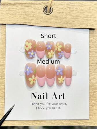 10pcs Handmade Nails Oval Nails Press On Nails Medium Short, Gentle Pink Nails, Pink French Tip Nails, Handpainted Flower Simple Yellow Purple Floral, Simple Elegant Luxury Autumn Nails, Fall Press On Nails, Versatile Nails DIY False Nail Art Party Daily & Dating Use Beach Tropical Getaway Suitable Reusable, For Women & Girls As Gift Nail Supplies