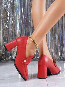 2026 早春新款搭扣方头粗跟高跟鞋，法式复古风高跟鞋，百搭办公鞋 - 紅色 - 查看 5