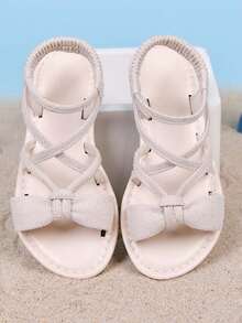 1 Pair Girls' Fashion New Slip-On Flat Sandals, Soft Bottom Non-Slip Children's Roman Sandals, Big Kids Beach Shoes, Suitable For Summer - Beige - View 4