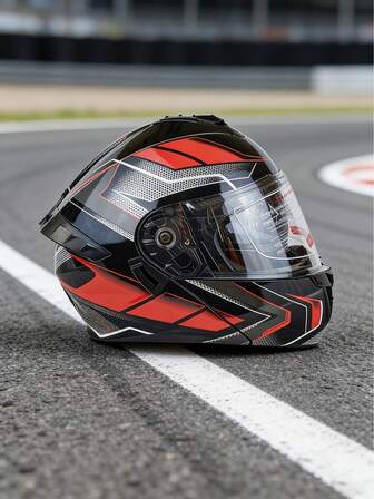 Flip-Up Motorcycle Helmet With Visor, High Impact Resistance, Black & Red Riding Gear