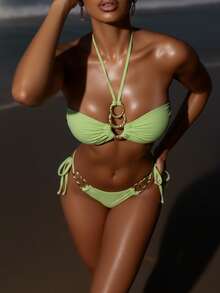 Solid Color Elegant Knotted Backless Ring Bikini 2 Pieces Swimwear - Light Green - View 7