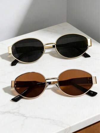 1/2 副女士金属框椭圆形时尚眼镜，适合日常佩戴、户外海滩和街头风格眼镜