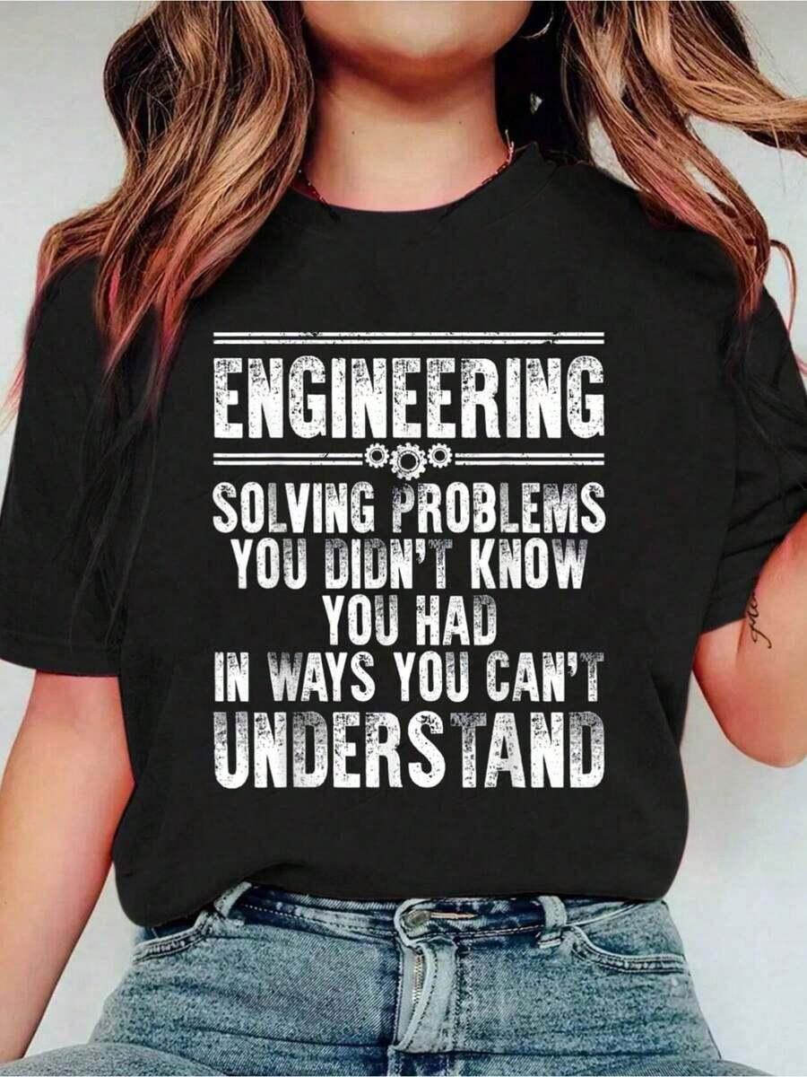 Funny Engineering Design For Men Women Engineer Student T-Shirt Print Crew Neck Casual T-Shirt Short Sleeve Sports Top, Smart Casual/Street Style Women's Clothing - Black - View 1