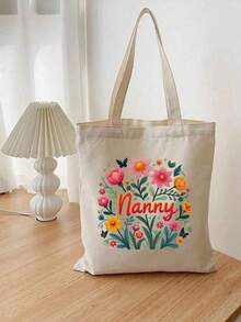 1-2 piezas "Mejor niñera para siempre" Bolsa de lona impresa con diseño de corona, plegable, reutilizable, bolsa unisex, bolsa de compras de hombro de color beige de moda, de poliéster duradero, lavable a máquina, regalo perfecto con tema de agradecimiento - Multicolor - Ver 4