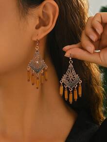 1 Pair Retro Bohemian Earrings, Antique Copper Square Wooden Bead & Tassel Dangle Earrings, New Chinese Style Jewelry, Suitable For Daily, Party, Wedding, Holiday Wear - Bronze - View 1