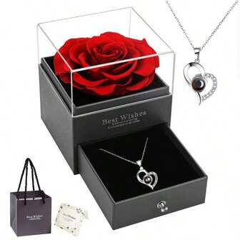 Christmas,New Year Necklace Gift For Girlfriend I Love You In 100 Languages Projection Pendant Necklace With Preserved Red Rose Flowers In Box For Women Mom Wife On Anniversary Birthday