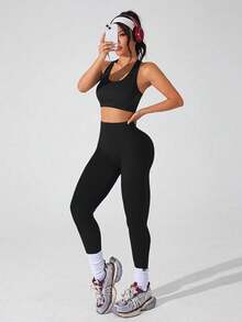 Quần legging yoga nữ cạp cao co giãn ôm sát, đồ tập yoga thể thao, quần legging yoga thể thao mặc thường ngày - màu đen - Xem 2