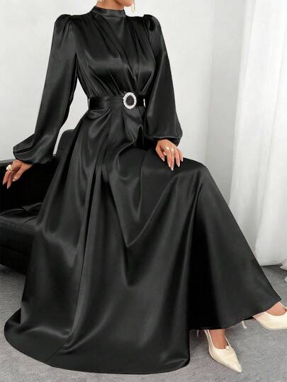 女士纯色圆领灯笼袖褶饰优雅阿拉伯连衣裙