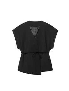 DEEKA 春夏新款女装欧美风简约通勤双排扣马甲外套，高腰褶裥裤两件套西装 黑色 - 黑色 - 查看 2