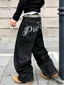 1 chiếc quần jeans ống rộng thêu họa tiết phong cách đường phố Mỹ cổ điển dành cho nam, kiểu dáng rộng rãi và thoải mái, dễ phối đồ (Sản phẩm không bao gồm thắt lưng và phụ kiện) - màu đen - Xem 8