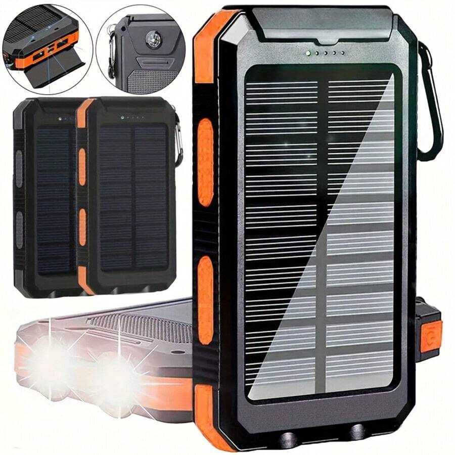 Cargador solar portátil de 2025 20000 mAh - Puertos USB/Tipo C/Micro con linterna LED y brújula, batería externa de emergencia duradera para exteriores, camping y viajes, personalizable para regalo, compatible con todos los dispositivos digitales