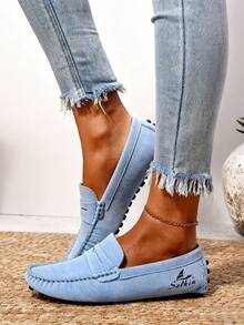 Salkin Designer Women's Slip-On Loafers, Nantucket Breeze Driving Shoes, Solid Soft Faux Suede Casual Flats, Budget-Friendly High-End Feel, Comfortable Breathable Studded Rubber Sole, Versatile Leather Shoes For Dresses, Jeans, Outdoor Walking, Suitable For Middle-Aged, Young, Students, Daily Wear, Spring/Summer/Fall, Plus Size - Sky Blue - View 5