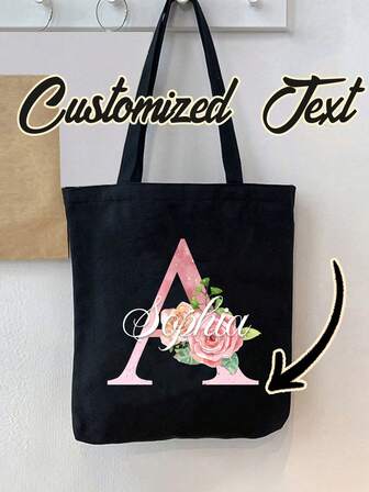 Customized Name,Champagne Rose Gradient Letter Patternpattern Black Canvas Bag, Foldable, Large Capacity, Lightweight, Stylish, Personalized Tote Bag, Shoulder Bag, Casual Shopping Bag Back To School Graduation Gift For Teacher Holiday Shopping Bag, Suitable For Work, School, Business Trips, Vacation Travel, Outdoor Sports, Meet The Needs Of Going Out,Sending Birthday And Holiday Gifts To Family And Friends, Christmas,Valentine's Day