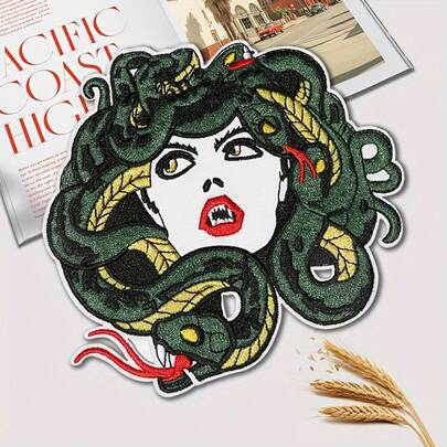 1pc Large Size Fully Embroidered Greek Mythology Medusa Embroidered Patch, DIY Clothing Decoration Fabric Applique
