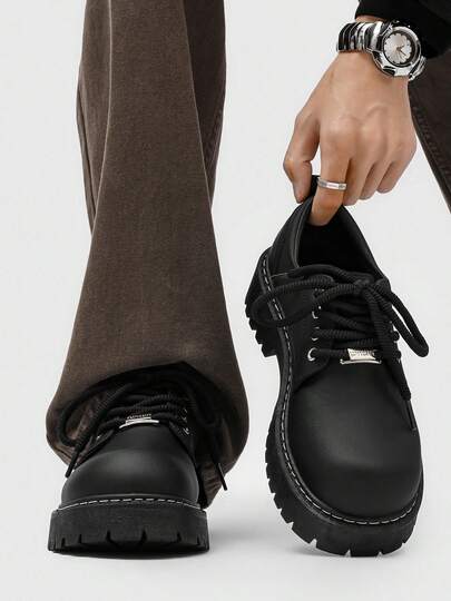 复古圆头厚底男士正装鞋，系带英伦风男士礼服鞋，适合派对、婚礼等场合，时尚耐穿的休闲男士皮鞋