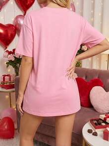 Tricou/tricou supradimensionat și lung, cu guler rotund și mânecă scurtă, pulover pentru femei, imprimeu cu inimă, stea, fundă și slogan, pentru primăvară/vară/toamnă/iarna, pentru vacanță/școală/acasă/zi de zi/stradă/ședință foto, simplu/Y2K/casual/preppy/stradă/birou/fată drăguță/sexy, Crăciun/Ziua Îndrăgostiților/Anul Nou/Ziua Mamei/Paște, tricou pentru femei cu croială lejeră, toamnă, top roșu - Roz - Vizualizare 2