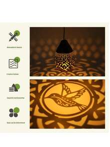 1件铁艺太阳能蜂鸟吊灯，蜂鸟泪滴吊灯，镂空花卉花园灯，防水户外花园灯。适用于别墅花园、花园走廊、露台、乡村庭院等场所，营造氛围装饰，也适用于节日和生日等场合。