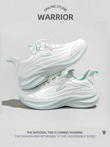 WARRIOR 1 Pair Women's Sporty Breathable Sneakers, Color Block Leather Low-Top Casual Shoes - White/Green - View 2