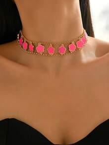 1pc Fashionable Elegant Minimalist Versatile Teardrop Five-Leaf Clover Flower Pendant Layered Choker Necklace, Suitable For Women To Wear Casually, At Festivals, Parties, And Various Occasions - Golden Yellow + Rose Red - View 4