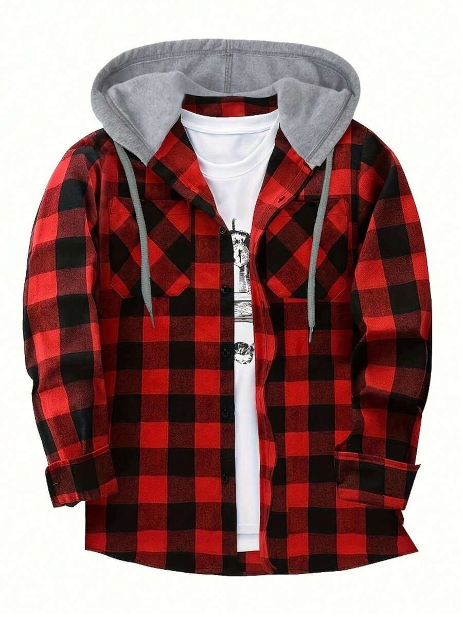 Men's Black & Red Plaid Hooded Long Sleeve Shirt, Casual Outdoor Fashion Shirt, Jacket - Red and Black - View 1