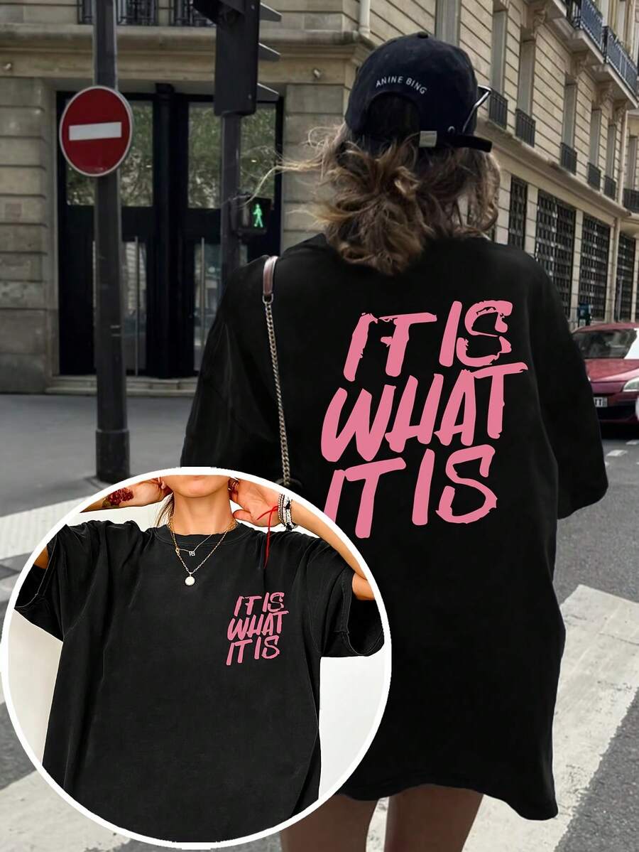 CHICLY19 It Is What It Is Quote Graphic Cotton Tee, Women's Oversized Casual Slogan T-Shirt, Crew Neck Short Sleeve Loose Fit Dark Gray Top, Aesthetic Minimalist Streetwear Cotton Tee For Everyday - 黑色 - 查看 1