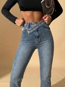 SQUALO Women's Blue Washed, Ripped, And Distressed Effect Jeans Street Style