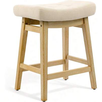 Counter Height Bar Stool For Kitchen Counter Modern Backless Barstool With Upholstered Fabric Seat And Solid Wood Leg Farmhouse 24 Inch Bar Chair, Khaki + Wood Color, 1pc
