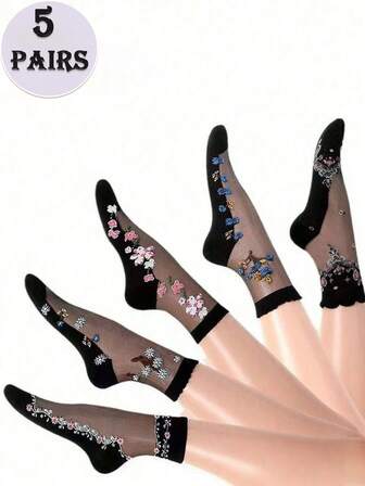 5 Pairs Embroidered Floral Socks, Delicate Luxurious Style, Soft & Skin-Friendly, Suitable For Commuting & Elegant Outfits
