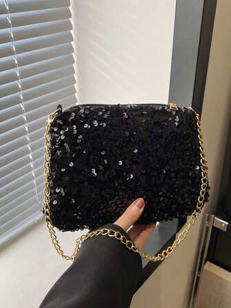 1pc Women's Fashion Commuter Luxury Sequin Shoulder Bag, Portable Versatile Mini Evening Bag, Personalized Chain Crossbody Bag, Suitable For Dates, Outings, Shopping, Gifts, Parties, Galas