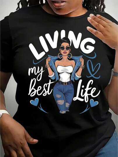 Camiseta con estampado gráfico "Living My Best Life" para hombres y mujeres - Camiseta negra casual de manga corta con cuello redondo y elegante ilustración femenina, camiseta ligera de verano y primavera, lavable a máquina, atuendo casual, camiseta de moda, camiseta de ajuste cómodo, estilo de fin de semana, diseño, textura suave, camiseta estampada, para adultos