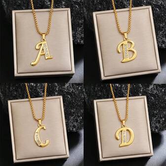 New 26 Rhinestone Encrusted Gold-Color Uppercase Letter Alloy Titanium Steel Chain, Suitable For Daily Wear And Gifting