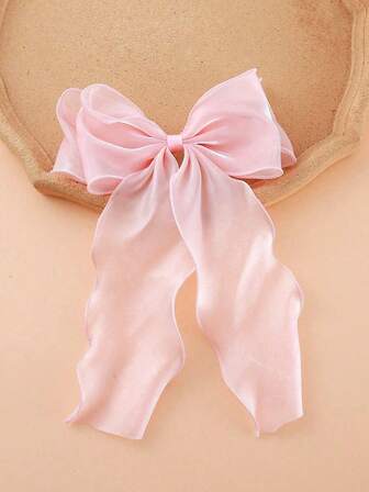 1 件装女士发饰蝴蝶结，浅粉色网纱发带蝴蝶结，带卷曲尾端，优雅温柔，发夹蝴蝶结发卡，日常佩戴发饰，爪夹，发卡，发夹