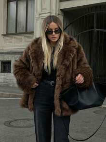 HH 女士冬季优雅纯色仿毛皮效果长袖开衫外套 女式休闲高街口袋外套 - 染尖棕 - 查看 2