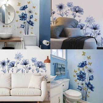 Pegatina de pared con flores azules y mariposas doradas, decoración autoadhesiva para sala de estar y dormitorio