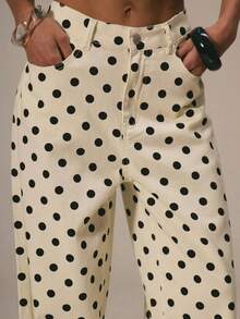 Women's Polka Dot Wide-Leg Jeans, High-Waisted Loose Flared Pants, Straight-Leg Retro Street Jeans - 白色 - 查看 4