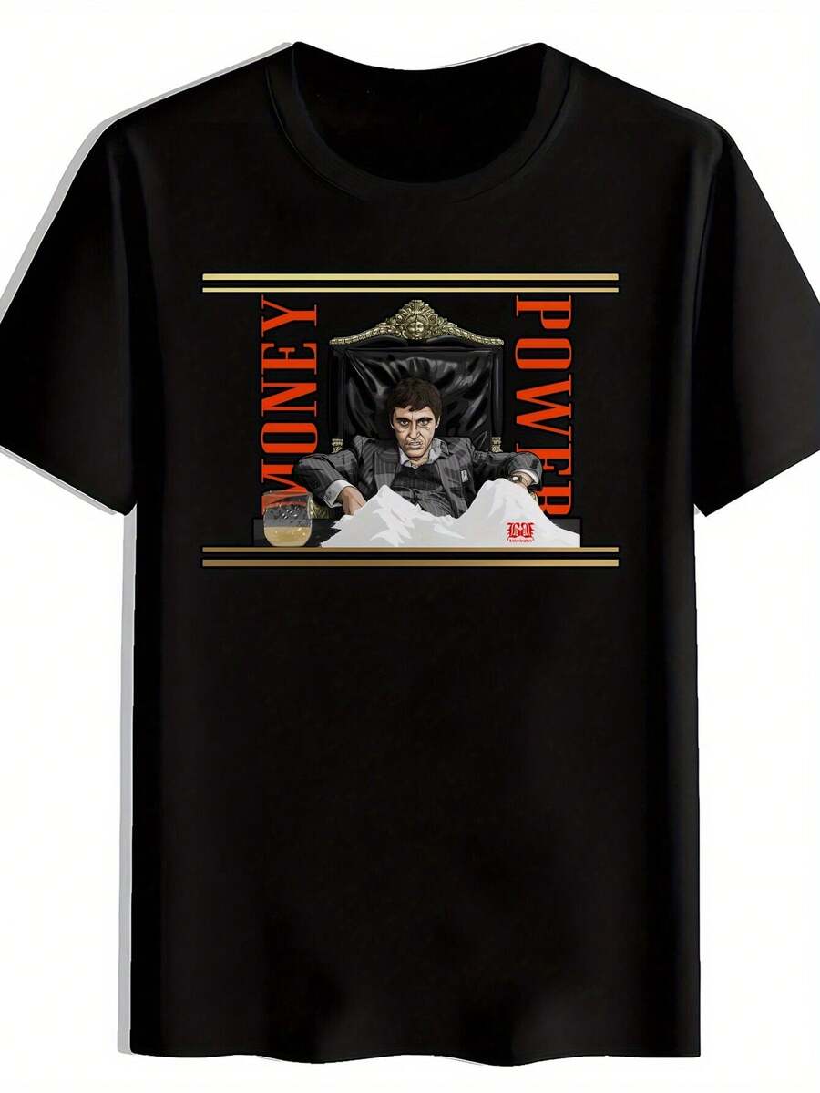 Camiseta gráfica para hombres - Impresión de PODER DE DINERO en negrita con trono real; diseño de efectivo - camiseta casual negra de manga corta y cuello redondo para verano -% poliéster, lavable aáquina para la playa. Vacaciones. Citas ; Regalos. Ropa de vacaciones. Top para una cita nocturna. Impresión humorística. Tela de poliéster. Cuidado Fácil Superior. Regalo de Navidad. Moda de . Construcción duradera. Jóvenes Adultos - Negro - Ver 1