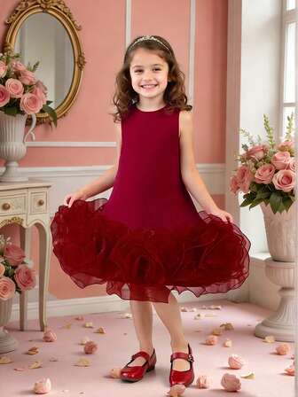 Vestido elegante de satén con cuello redondo y flores 3D para niñas, adecuado para celebrar fiestas de cumpleaños y reuniones familiares. No incluye diadema.