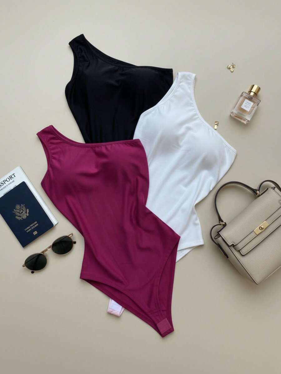 Set Of 3 Women's Bodysuits: One-Shoulder Tank Top With Padding, Supplex Fabric, Gift Set For Birthdays, Christmas, Day/Night, Spring/Summer - Đen trắng/Màu đỏ tía - Xem 1