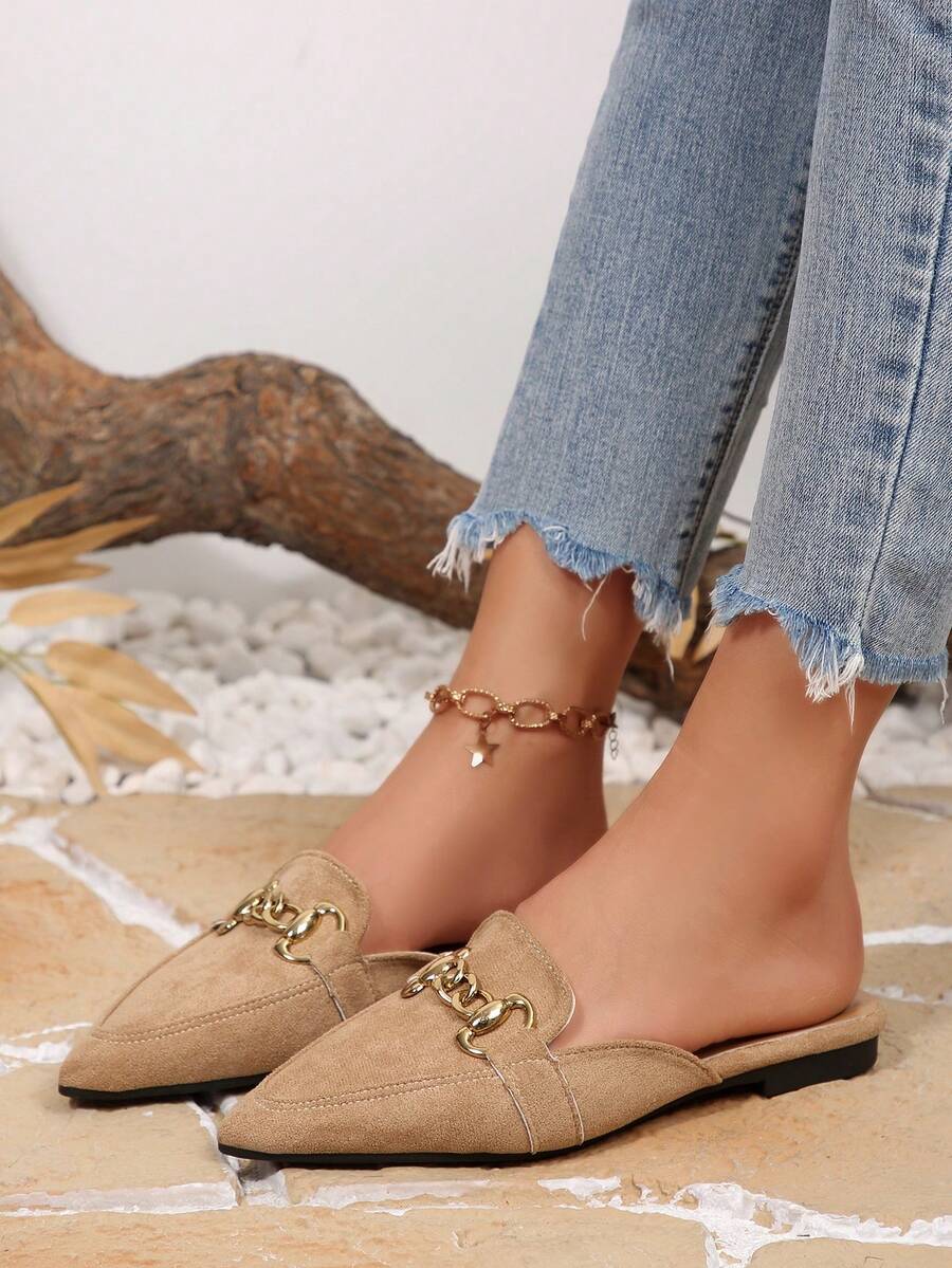 Khaki Pointed Toe Mule Shoes For Women, Metal Chain Decor Backless Loafers, Suede Fabric, Elegant & Versatile Slip-On Shoes For Office Wear, Spring & Autumn - Khaki - View 1