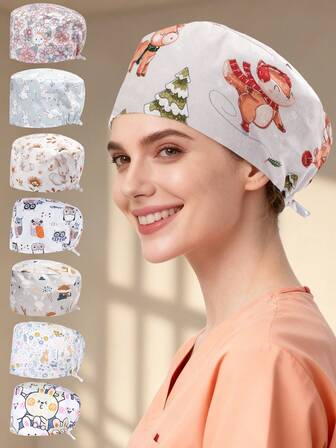 1pc Polyester Cartoon Rabbit Print Adjustable Women Cap, Suitable For Office, Pet Shop, Nursing Home, All Seasons