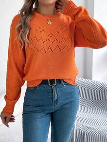 Stylish Women's Round Neck Long Sleeve Orange Sweater Regular Length Knitted Fabric With Hollow Out Accents For Casual Wear - 橘色 - 查看 3