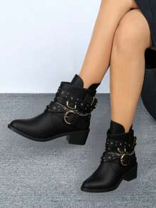 Geeyea A Pair Of Women's Ankle Boots With A Chain Design, YTK2 Style, Chunky Heel, Suitable For Autumn And Winter, Featuring Rivet Details And A Metallic Finish. - màu đen - Xem 2