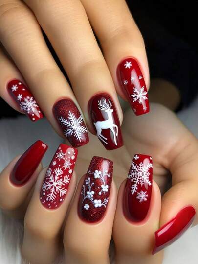 Unghie finte natalizie con motivo di fiocchi di neve e renne, 24 pezzi, unghie finte serie natalizia, accessori per unghie