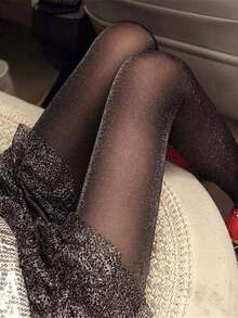 1 Pair Shiny Silver Threads Shiny Tights, Women Anti-Snag Glitter Pantyhose - Black - View 6