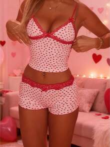 Women Summer 2 Pcs Pajamas Set Y2K Heart Graphic Lace Trim Crop Cami Tank Top And Mini Shorts Loungewear Set Summer Holiday Casual Going Out Pjs Sleepwear - 粉色 - 查看 1