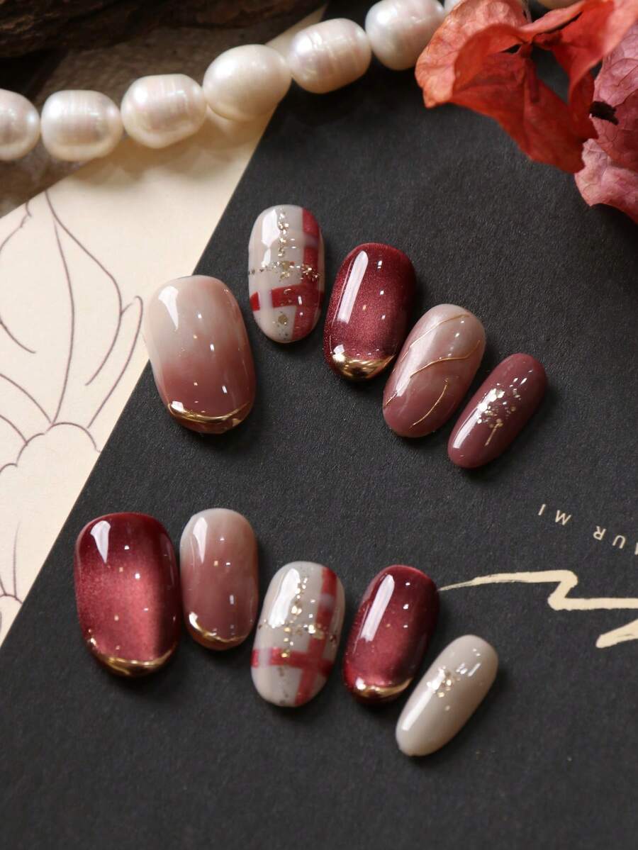 10pcs Acrylic Press On Nails Dark Red Nails Cat's Eye Halation Stripe Short Nail Fake Nails Artificial Nails Kit Includes 1sheet Adhesive Tabs &1 Pc Mini File Nail Supplies - Multicolor - View 1