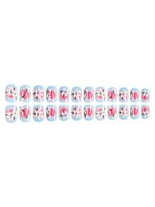 24 Pieces Of Short Square Acrylic Adhesive-Style Artificial Nails - Spring Fresh And Sweet Light Blue Base Color, Blushed Pink, White Flower Gentle Pattern Artificial Nails Set, Acrylic Nails, Short Nails, Suitable For Fashionable Nail Decorations For Women's Activities/Daily Use