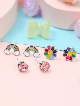 Set de 6 piezas de aretes con diseños de animales de dibujos animados lindos para niñas, que incluye búho, rana, arcoíris, mariposa, panda y talla grande estilos, adecuado para adolescentes