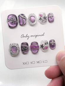 10片紫色猫眼美甲贴纸，短方形手工五角星全覆盖假指甲贴纸，适合女性和女孩美甲用品，手工美甲贴纸 - 紫色 - 查看 3